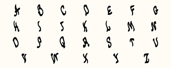 Hand-drawn warped and curved alphabet symbols set. Creative distorted letters for posters, banners, modern typography and graphic design