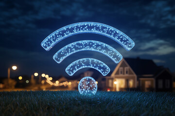 Glowing wi-fi signal icon illuminates a suburban neighborhood at night
