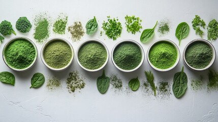 A variety of green superfoods in powder form and fresh vegetables on a white background; ideal for those interested in healthy eating and fitness.