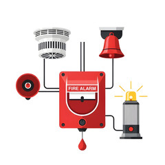Fire alarm system with pull station, smoke detector, bell, and strobe light.