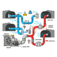 Mine ventilation system: fresh and exhaust airflows.