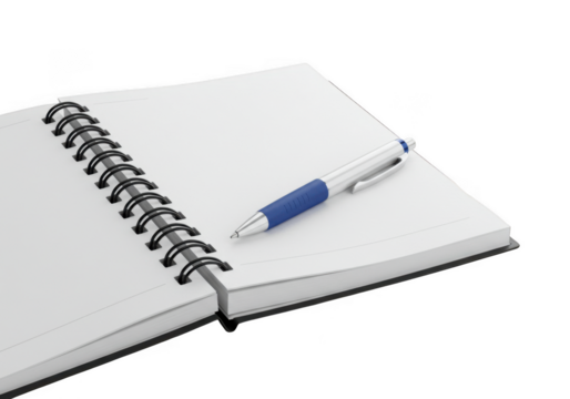 Open spiral notebook with blue pen ready for writing ideas and notes transparent background