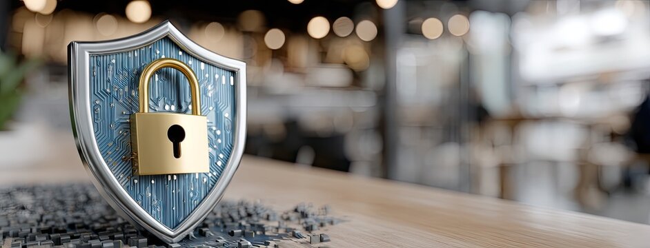 Digital security concept with a lock on a shield showcasing cybersecurity in a modern office setting
