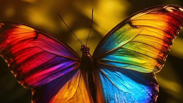 A vibrant rainbow butterfly with multicolored wings spread wide against a dark, blurred background.