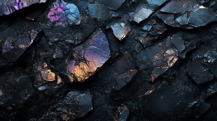 Dark obsidian stone texture layered with subtle holographic shimmer lighting effects, background illustration, screensaver, backdrop