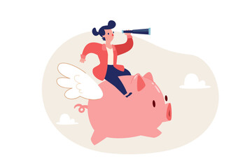businesswoman with telescope riding a flying piggy bank
