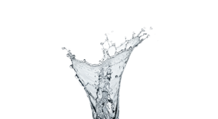 Photorealistic high-speed freeze-frame of clear water bursting upwards in a dynamic explosion of translucent droplets and fine spray against a transparent studio background with copy space, concept of