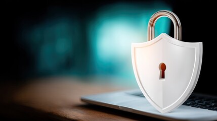 Digital security shield positioned on a laptop with a blurred background highlighting the importance of online safety in technology use today