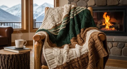 Cozy living room scene with a handcrafted quilt and a warm fireplace by a snowy mountain