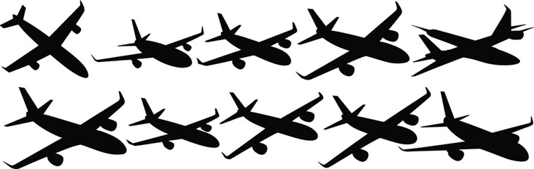 Airplane silhouette illustrations, aircraft icons, black and white clipart, aviation design elements, flight perspectives, transport bundle set, vector pack
