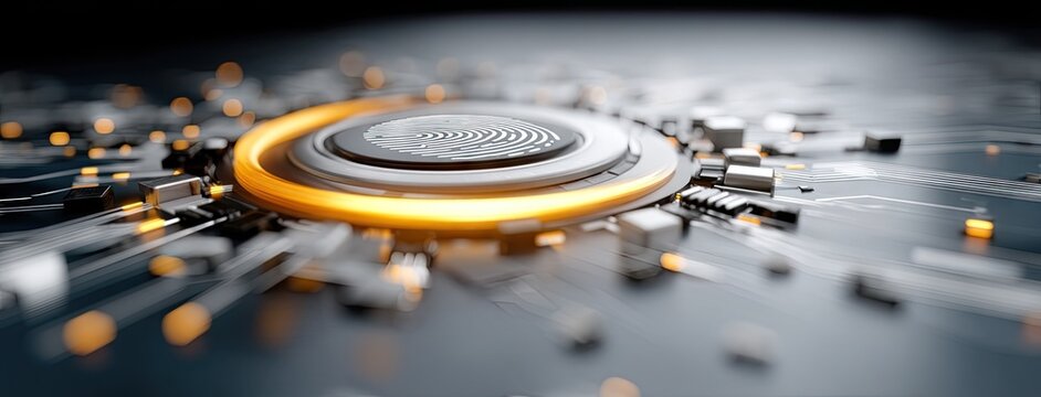 Modern technology shows intricate circuit design with a glowing fingerprint pattern in the center against a dark background