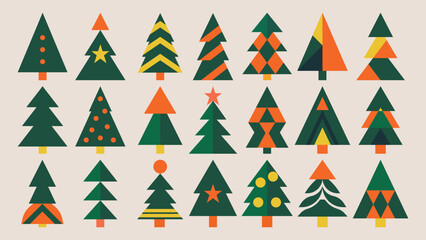 Set of decorative Christmas trees in various geometric styles, festive holiday collection with abstract shapes and colorful ornaments for seasonal design and celebration. Flat vector illustration