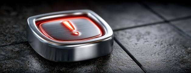 Warning button on a textured surface illuminated in red, signaling a caution or alert in a modern, digital setting used for safety or notification purposes
