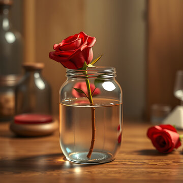 Detailed, stylized, or surreal renders of everyday objects, arranged scenes, or isolated artistic compositions. Ideal for cinematic product shots or creative visual metaphors. Single red rose in a cle