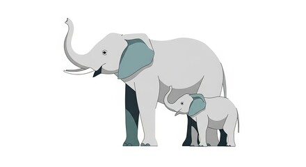 Fototapeta premium A mother elephant and her baby stand together with trunks raised in a stylized illustration