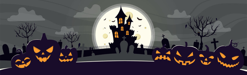 Scary gloomy night abandoned cemetery on the background of the castle - illustration