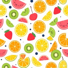 A vibrant and colorful seamless pattern featuring various sliced fruits including watermelon, oranges, lemons, strawberries, kiwi, cherries, and grapefruit on a white background.