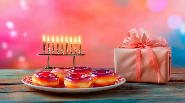 Cozy festive Hanukkah display with sufganiot, menorah, and wrapped gifts set against a colorful background