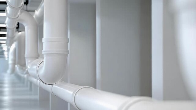 Row of white PVC plumbing pipes with elbow joints along a long, bright corridor.
