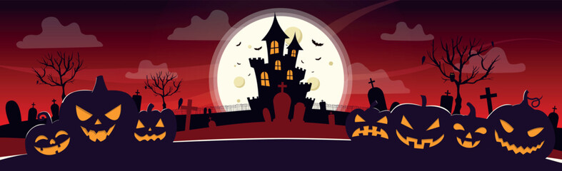 Scary gloomy night abandoned cemetery on the background of the moon - Vector illustration