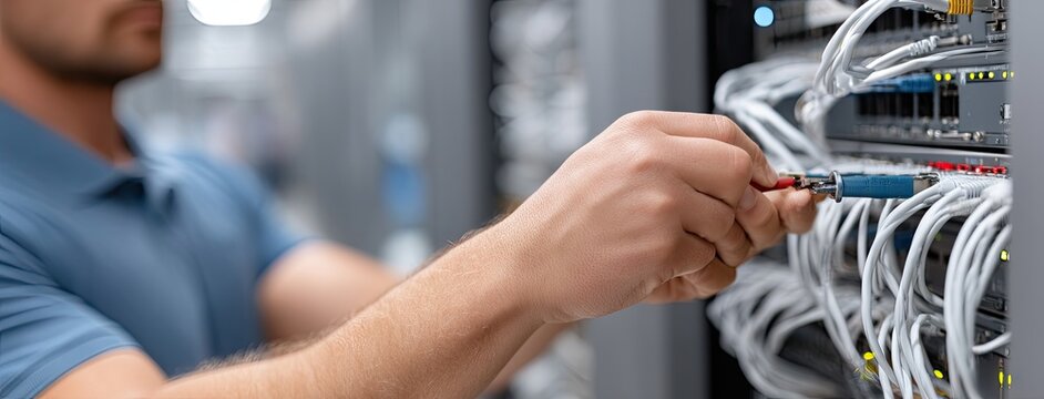 Technician working on network cables in a modern server room during daylight hours