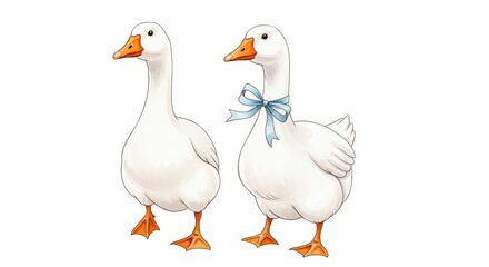 Obraz premium Two charming white geese standing together one adorned with a delicate blue bow on a white background