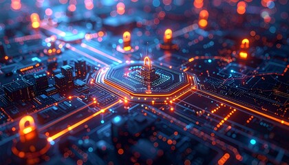 Cybersecurity and digital data protection concept with glowing padlock icons on a futuristic circuit board