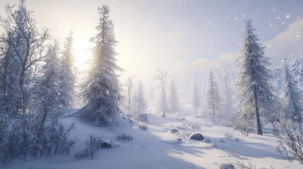 Naklejka premium Sunlit snowy forest scene with falling snow. (1)