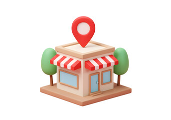 A 3d rendering of a store with a red location pin on top isolated on transparent background
