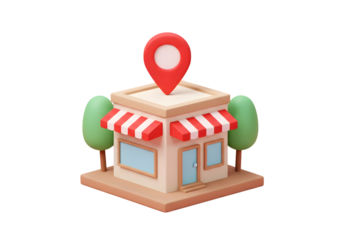 A 3d rendering of a store with a red location pin on top isolated on transparent background