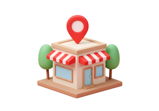 A 3d rendering of a store with a red location pin on top isolated on transparent background