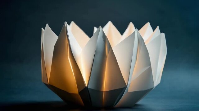 A lotus-shaped paper lantern lamp glowing warmly from within.
