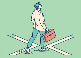 Businessman walking at a crossroads with a briefcase  illustration