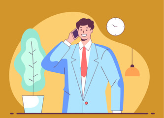 Happy businessman talking on the phone in a modern office setting  illustration