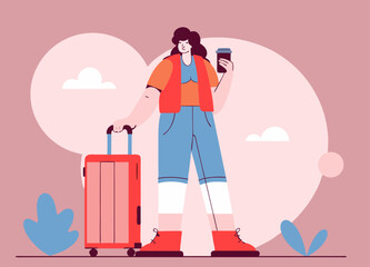 Woman with suitcase and coffee cup ready for travel illustration