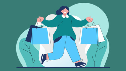 Happy woman walking with shopping bags after a successful shopping trip illustration