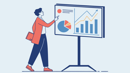 Person presenting a business chart with pie and bar graphs illustration