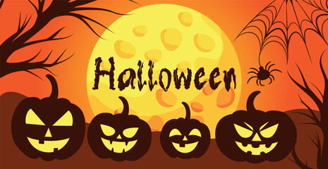 Realistic holiday pumpkins on halloween skulls background - Vector illustration