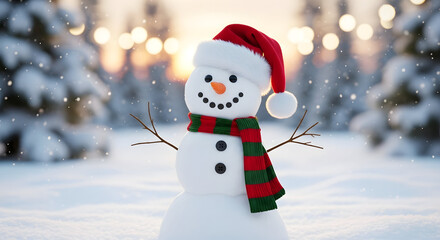 Festive snowman with red Santa hat amidst a snowy winter wonderland scene creating joy