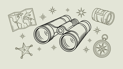 Illustration of binoculars map compass and stars suggesting exploration and adventure theme design concept