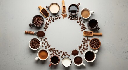 Obraz premium Coffee Variety Displayed in Cups and Beans.