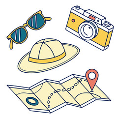 Travel essentials including sunglasses hat camera and folded map with location pin illustration