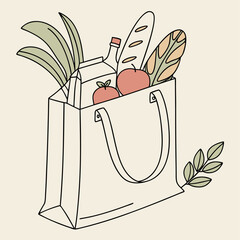 Illustration of a grocery bag filled with fresh food items and produce illustration