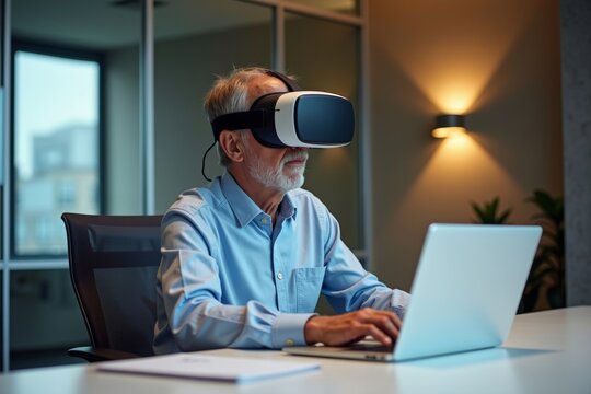 Disabled Senior Businessman Using Virtual Reality Headset while Working in Conference Room with Laptop