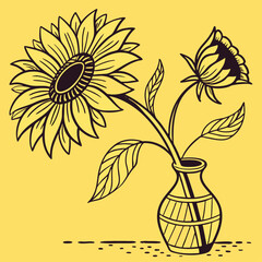 Stylized sunflower and bud in a decorative vase vector illustration