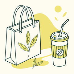 Eco friendly shopping bag and coffee cup with leaf design vector illustration