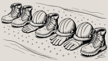 Illustration of work boots hard hats and gloves arranged in a row on a surface with star shapes