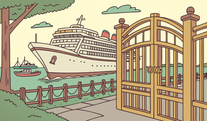 Fototapeta premium Large Cruise Ship Docked at Port Through Wooden Gates