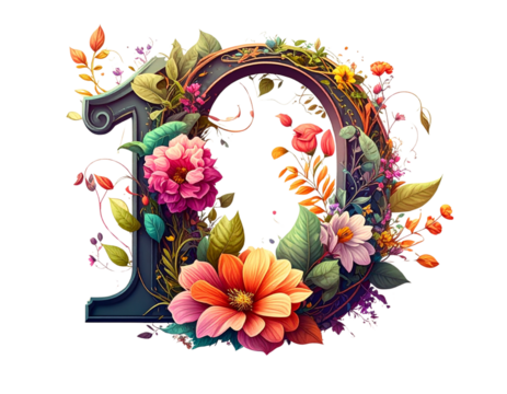 Vibrant Flower-Filled Number Ten Typography Art