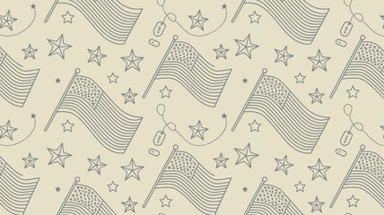 Patriotic pattern with american flags stars and dog tags in a seamless repeating design on beige background